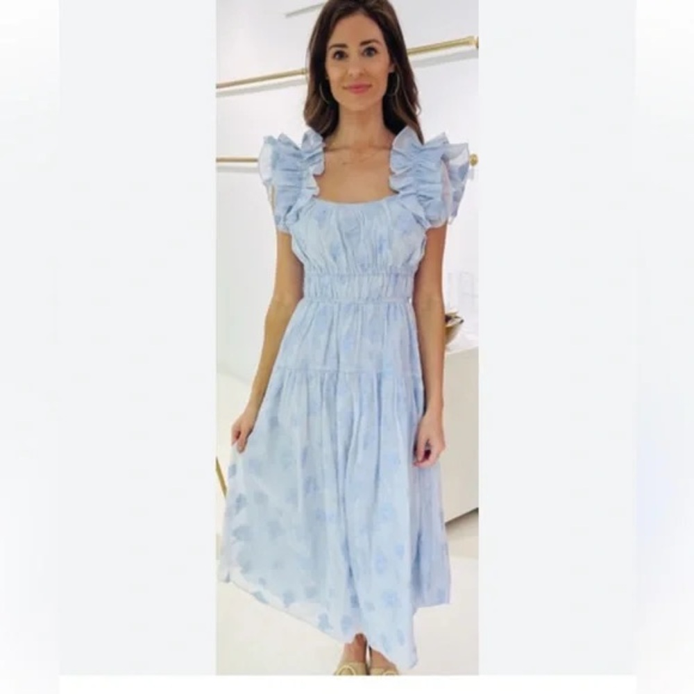 Light Blue Ruffle Sleeve Midi Dress - Women's